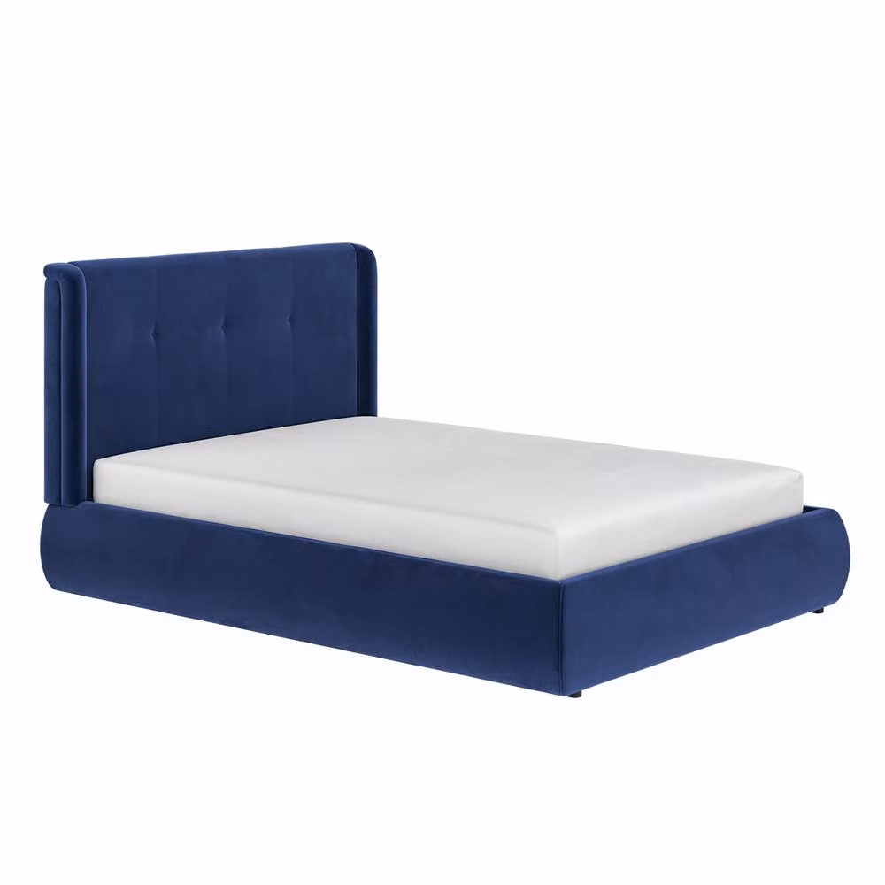 Solace+Co Monte Midnight Blue Velvet Winged Button Headboard Ottoman Bed with Lift Up Base, Double, W/D/H: 140 x 200 x 108 cm – 2