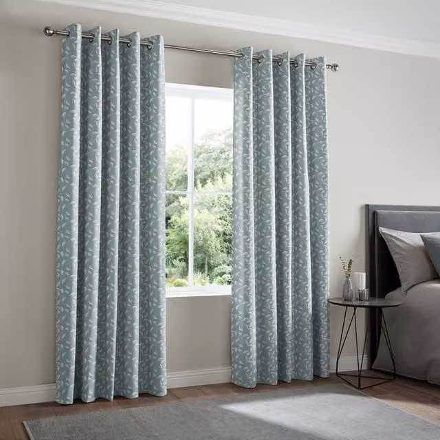 Simply Collection Leaf Vine Made to Measure Blackout Eyelet Curtain Panel in Blue and Turquoise Floral Design