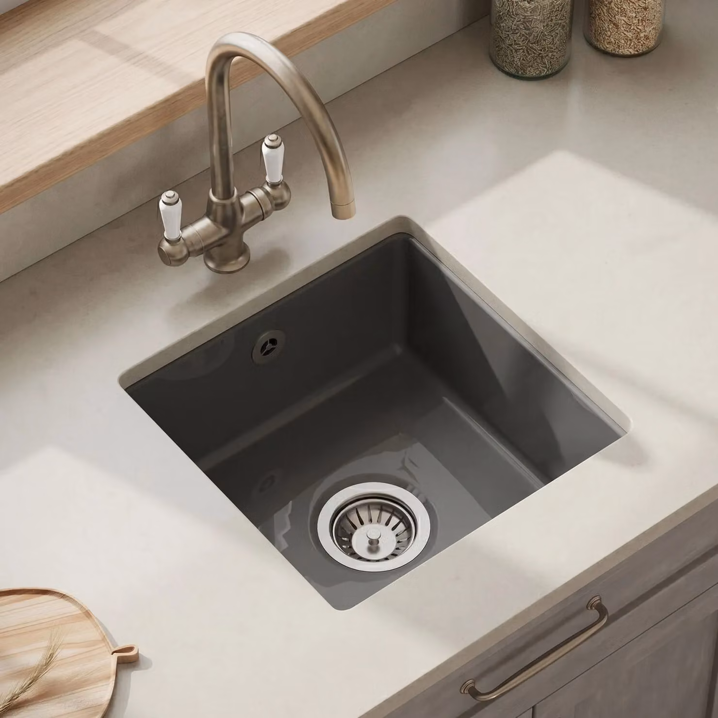 Balterley Ceramic 1 Bowl Undermount Kitchen Sink with Overflow, Dark Grey, W: 45.7 cm – 7