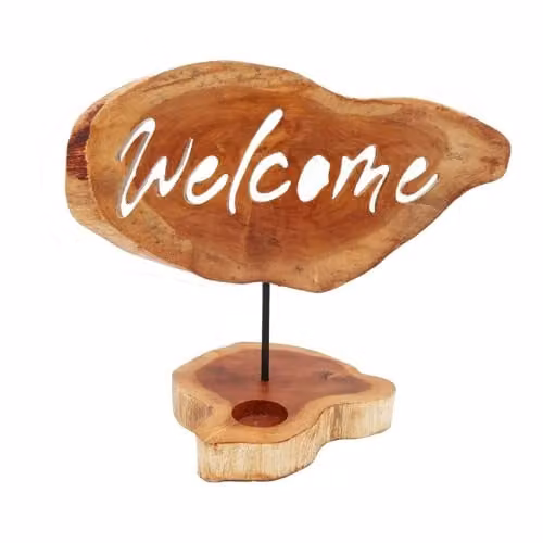 KDMD Welcome Wooden Tealight Candle Holder in Brown