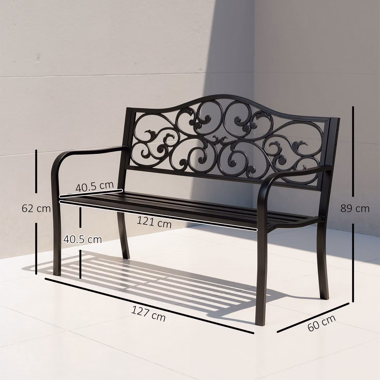 Outsunny Black Metal Garden Bench with Floral Backrest and Armrests – 3