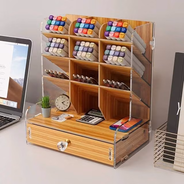 VOGREX Beige Wooden Artists Desk Organiser with Drawer and Multi-Compartment Marker Storage