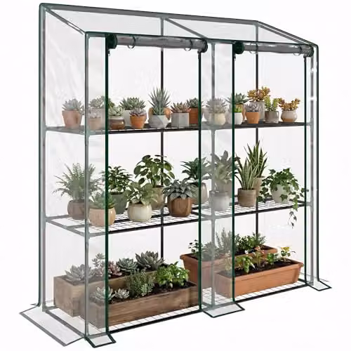 Outsunny Lean-to Mini Greenhouse with 3 Tiers and Roll-up Doors, Transparent, W/D/H: 143 x 46 x 151 cm – 1