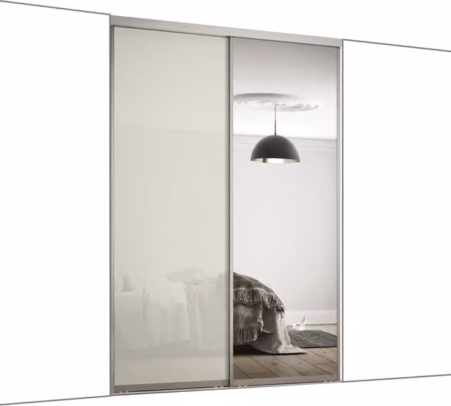 Spacepro Contour Silver Frame Sliding Wardrobe Door Kit with Arctic White Glass and Mirror, 610mm