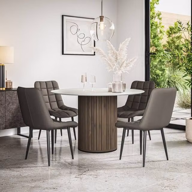 More4Homes Arlo Round White Marble Top Dining Table with Walnut Legs and 4 Grey Nova Faux Leather Chairs, W/D/H: 120 x 120 x 75 cm – 1