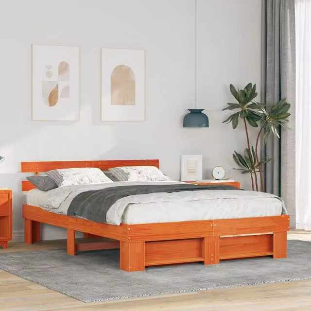 Berkfield Home Modern Solid Pine Wood Bed with Headboard, Brown, W: 140 cm, L: 200 cm – 1