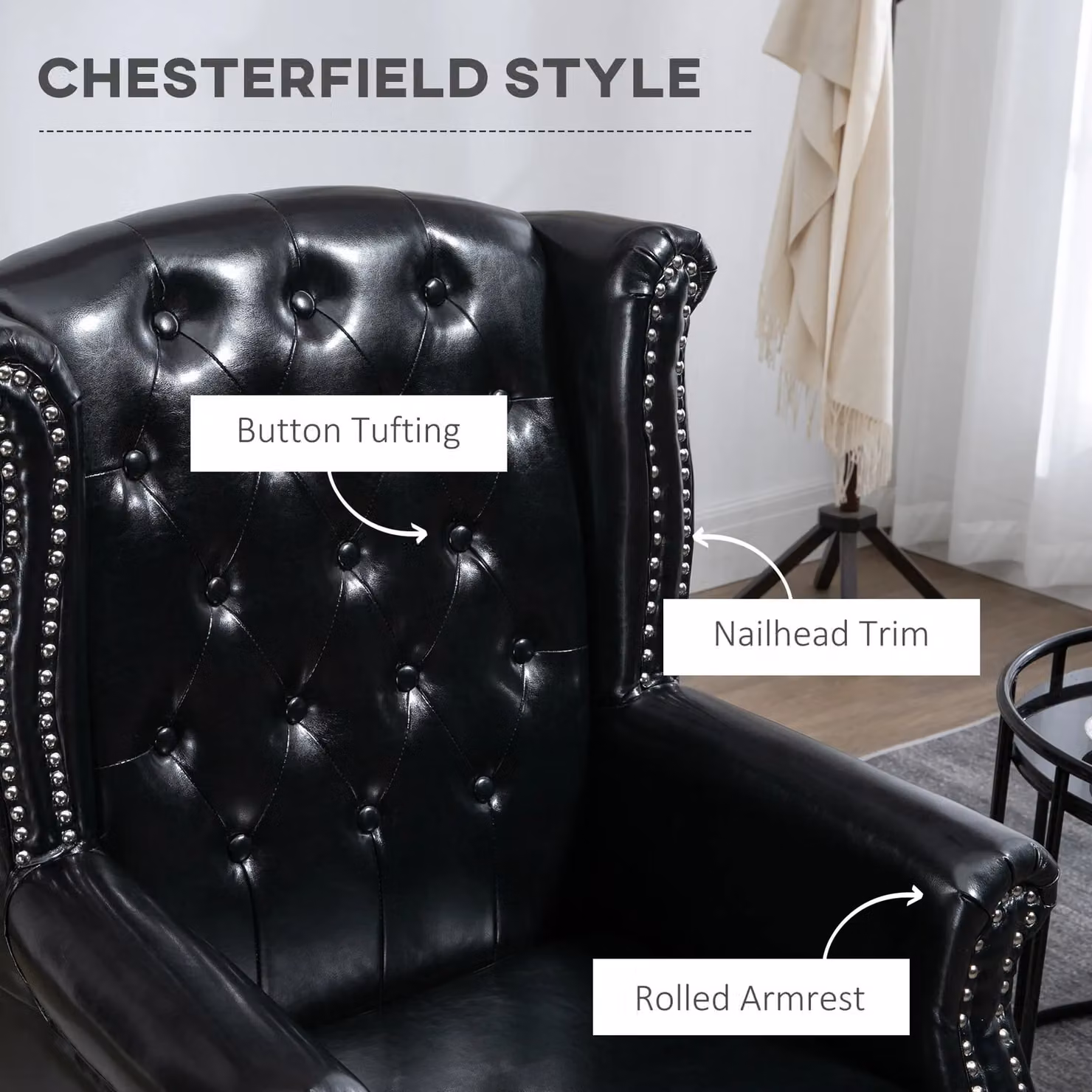 HOMCOM Chesterfield-style Wingback Armchair in Black PU Leather with Solid Wood Frame – 5