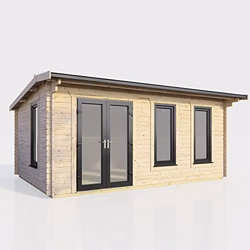 Powersheds Premium Apex Log Cabin with Double Doors and Toughened Glass, Left Orientation Door, EPDM Rubber Roofing, Anthracite Grey – 1