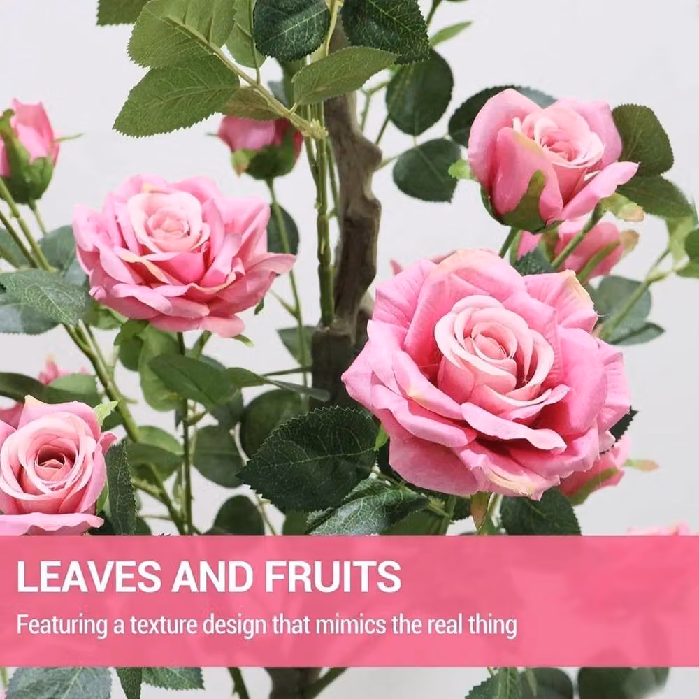 VOGREX 15cm Artificial Rose Tree with White Striped Pink and Multicolour Faux Blooming Flowers – 3