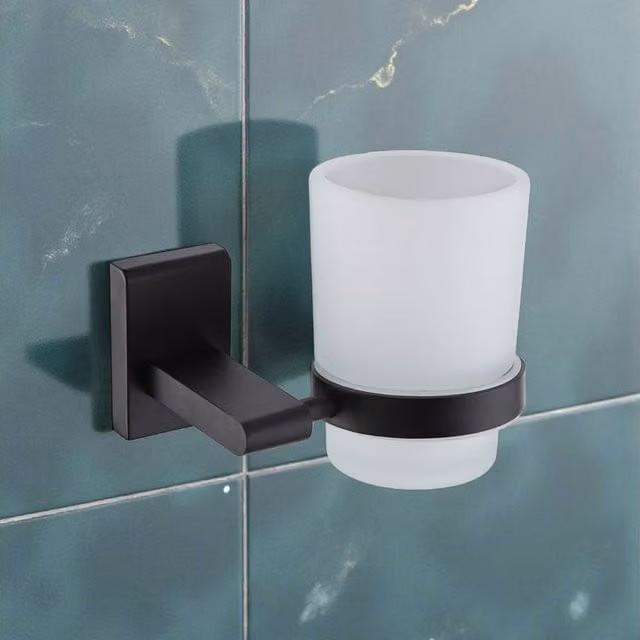 Showerdrape Unity Wall Mounted Stainless Steel and Glass Toothbrush Holder with Tumbler in Black – 1