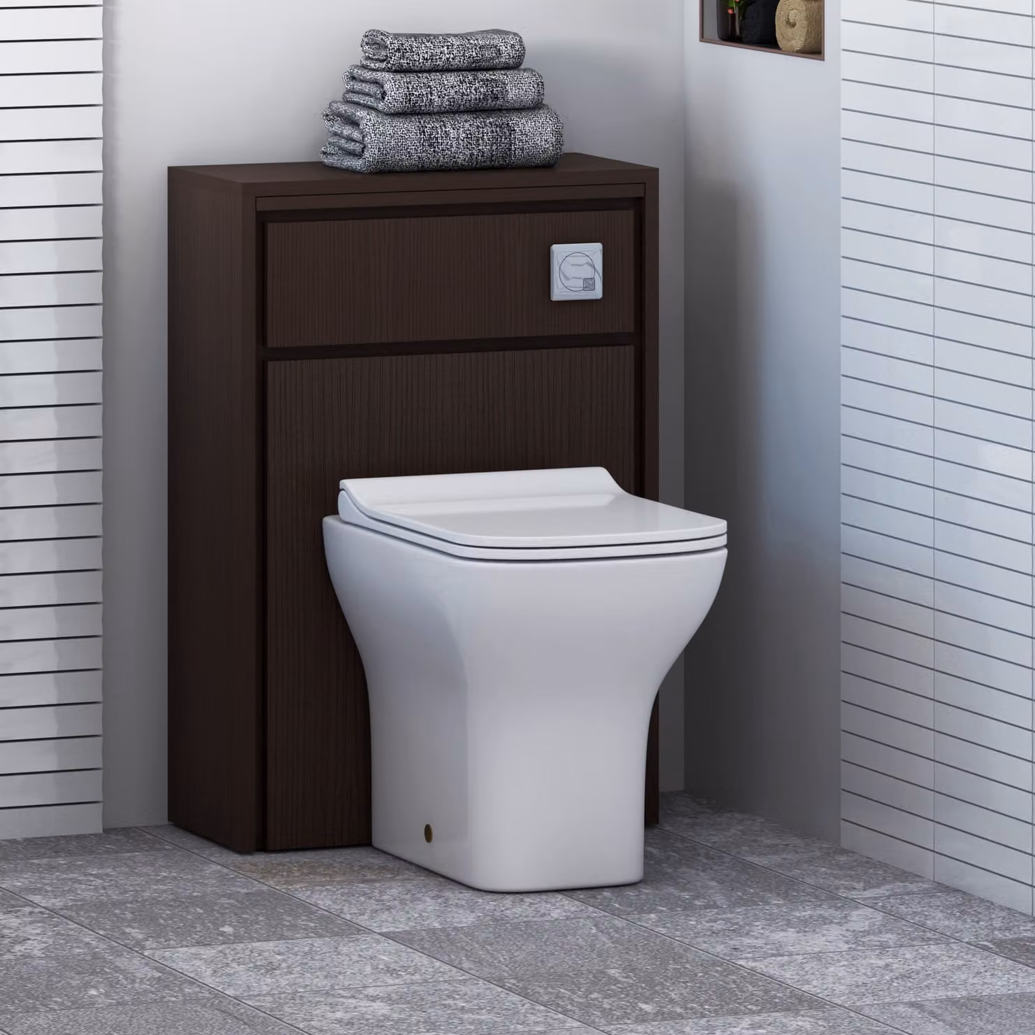 Livora BTW WC Unit with Qubix Rimless Toilet Pan, Slim Soft Close Seat and Cistern in Walnut Woodgrain and White, W: 55.5 cm