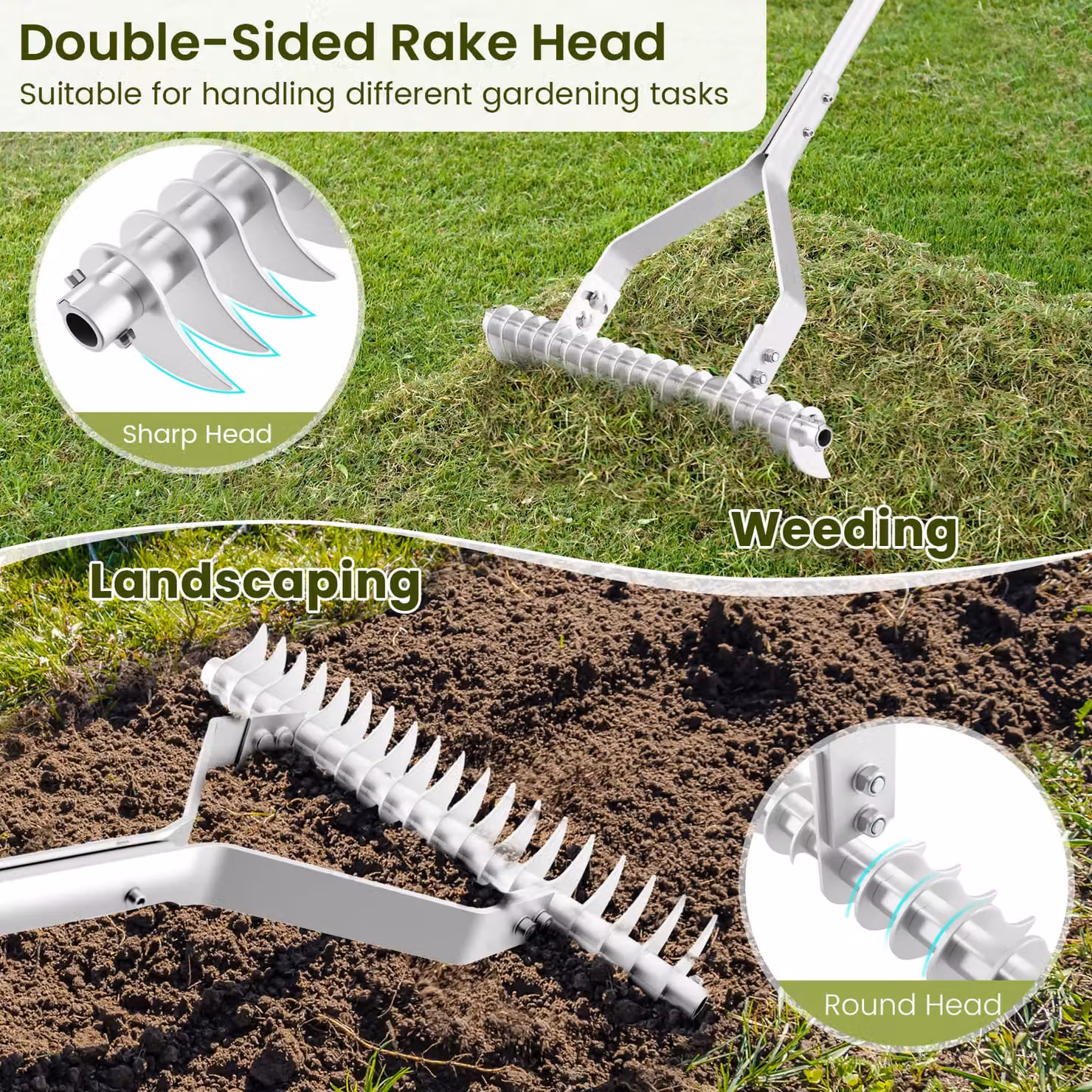 Gymax Silver Aluminium Garden Thatch Rake, 50 cm Wide, 178 cm Length – 6