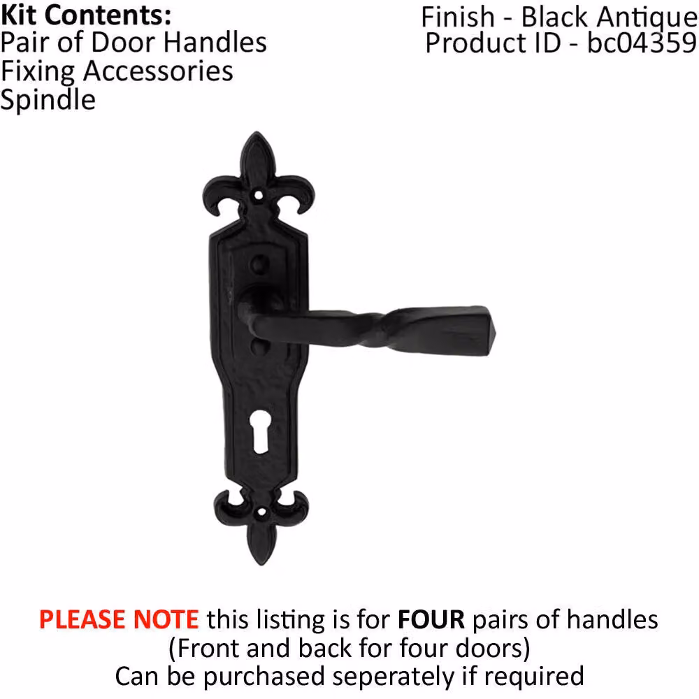 Loops 4 Pairs of Forged Twisted Ornate Lever on Lock Backplate, Black Antique, W: 226 mm x D: 50 mm – 2