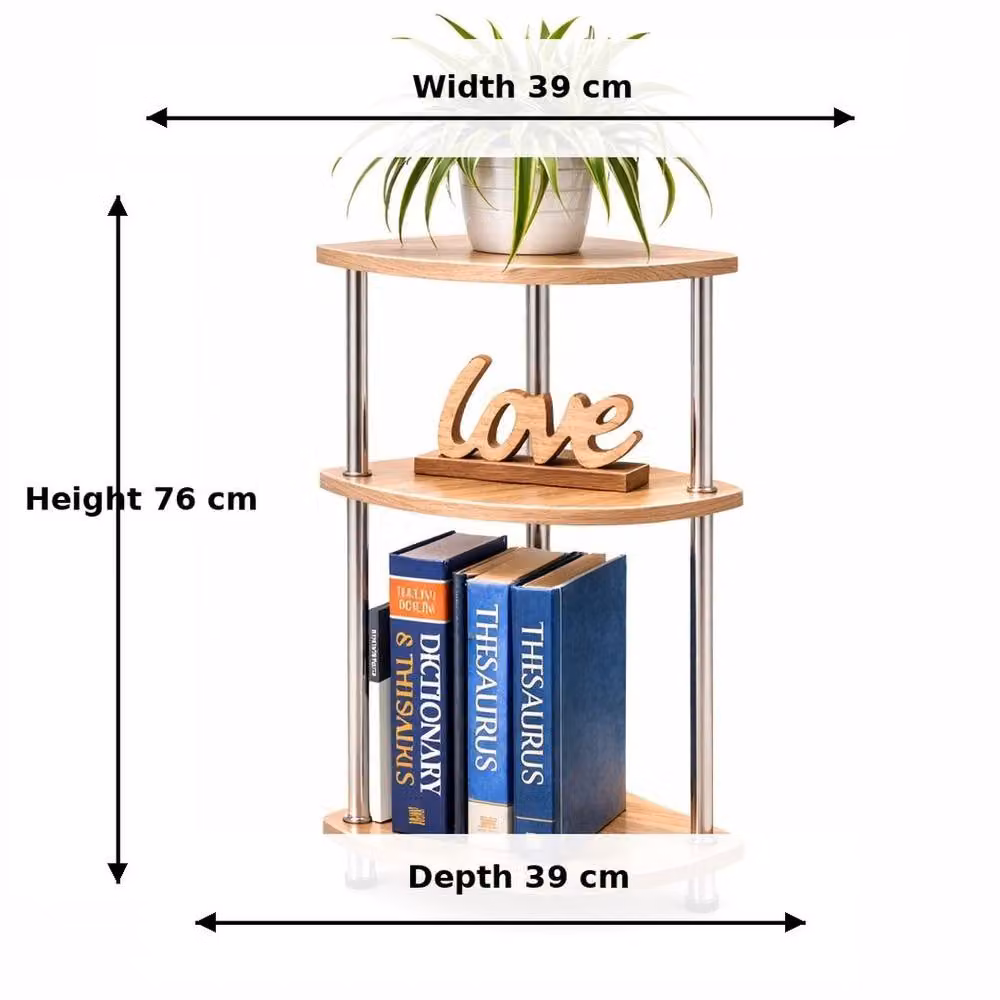 SPOT ON DEALZ 3 Tier Corner Shelving Unit in Light Oak with Stainless Steel Legs – 2
