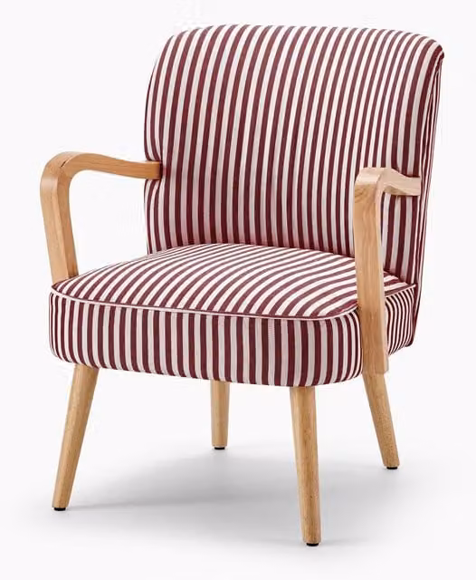 FurnitureboxUK Sylvie Mid-Century Tub Accent Chair with Striped Fabric and Oak Effect Legs in Red