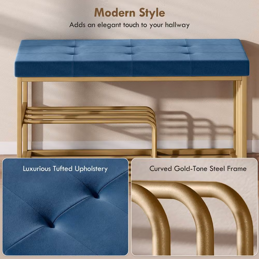 HOMCOM Modern Velvet Shoe Storage Bench with Tufted Seat Cushion in Blue – 4