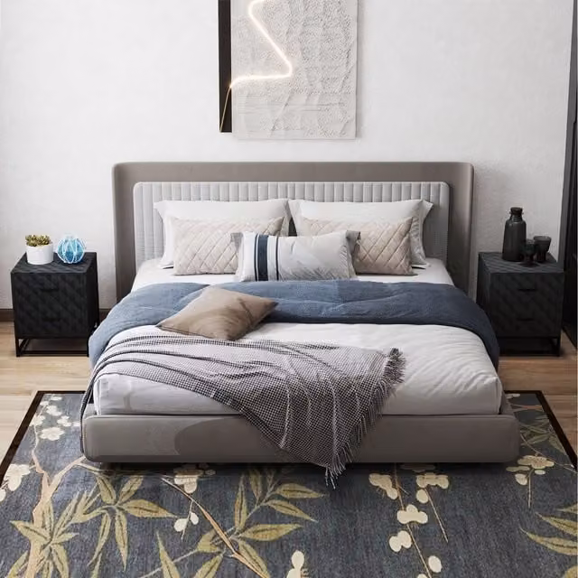 HOMCOM Set of 2 Black Bedside Tables with Diamond Patterned Wood and Metal Geometric Design