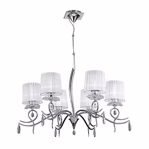 Netlighting Louise 6-Light Ceiling Chandelier in Chrome and Grey with White Fabric Shades and Crystal Details