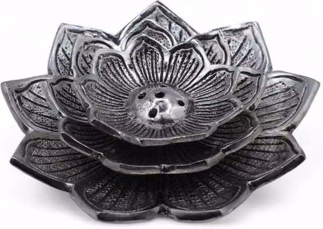 KDMD Tri-Flower Lotus Silver Metal Incense Holder for Meditation and Home Decor