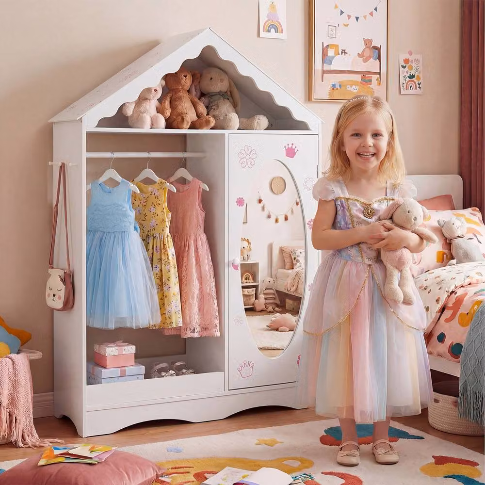 Gymax White Wooden Childrens Roofed Dress Up Closet with Mirror and Hanging Rack – 3