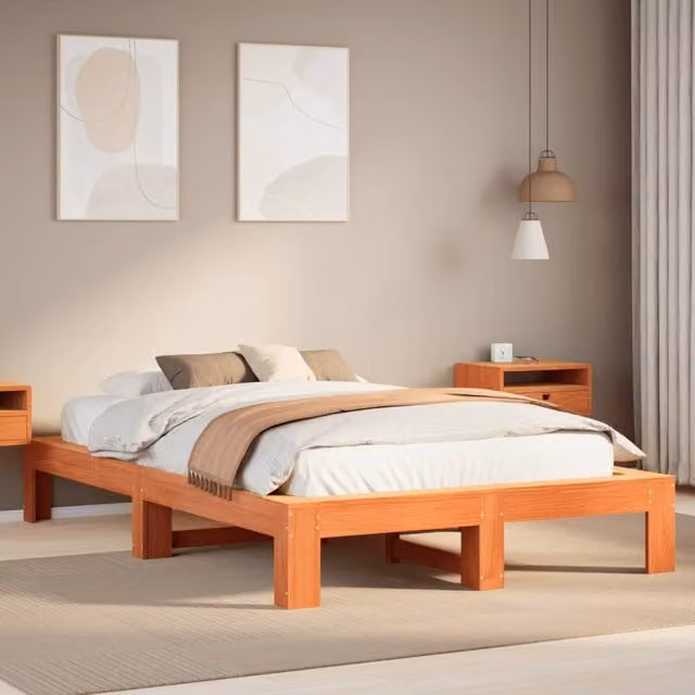 Berkfield Home Small Double Solid Wood Pine Bed Frame in Wax Brown, W/D/H: 120 x 200 cm