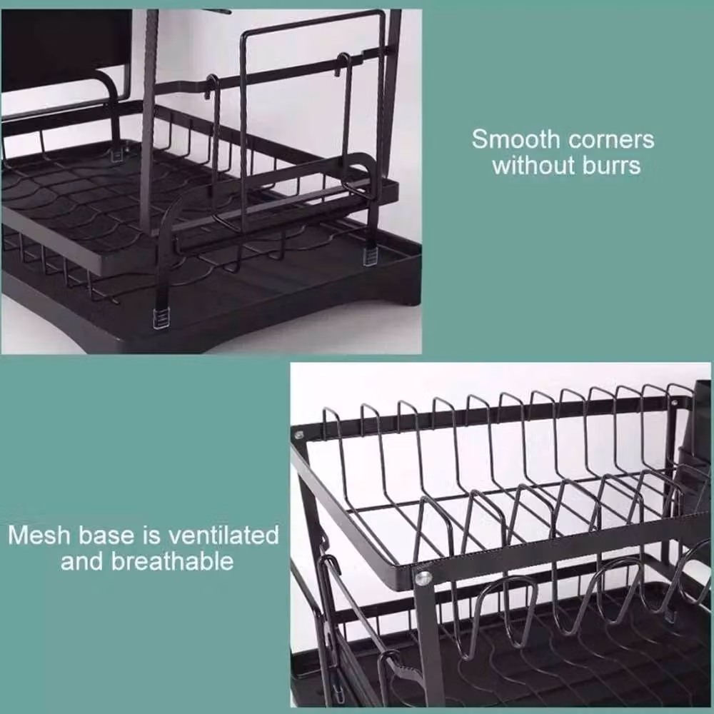 VOGREX Black 2-Tier Metal Sink Dish Drying Rack with Drip Tray and Cutlery Holder – 4
