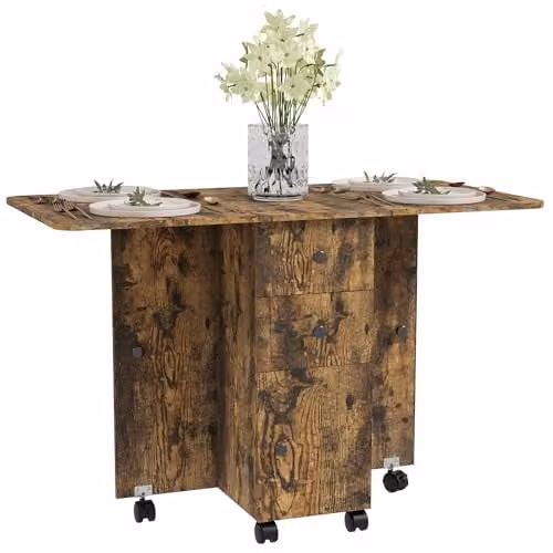 HOMCOM Extendable Drop Leaf Dining Table with Castors, Rustic Brown, W/D/H: 60 x 30 x 76.5 cm (Extendable to 120 cm) – 1