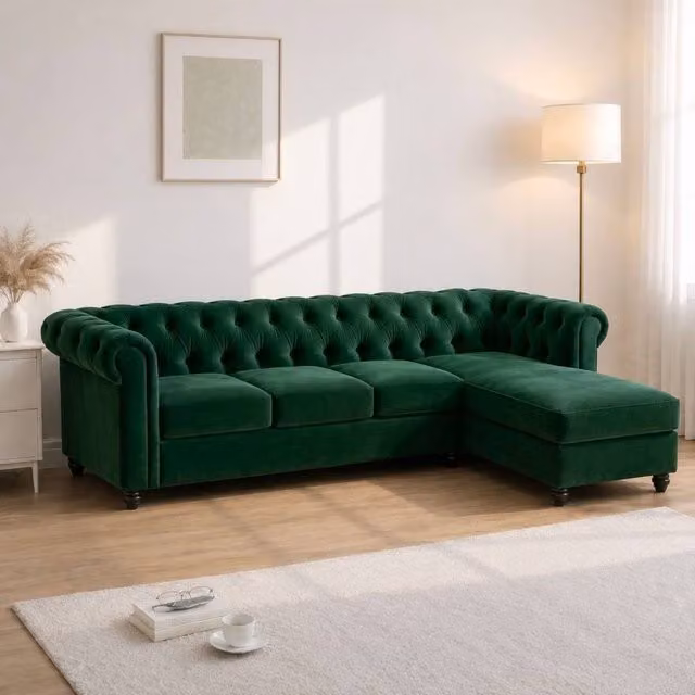 Sofaya Hampton 4 Seater L Shape Chesterfield Sofa in Green Velvet with Right Hand Chaise
