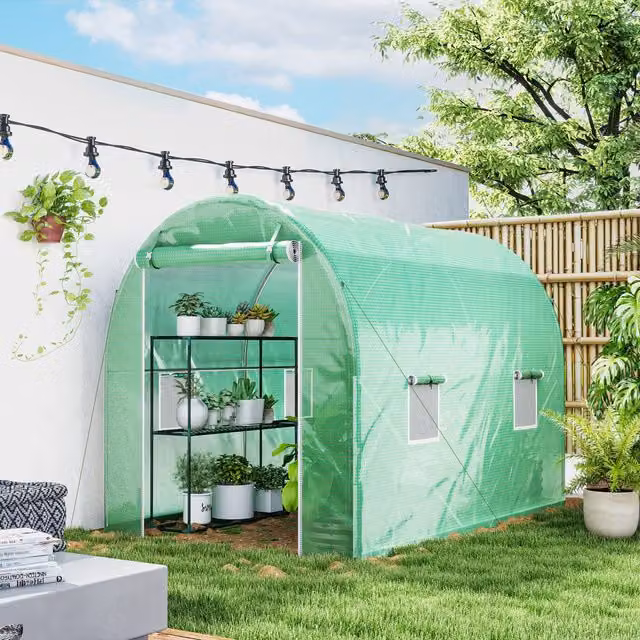 Outsunny Walk-in Polytunnel Greenhouse with Roll-up Door, Green