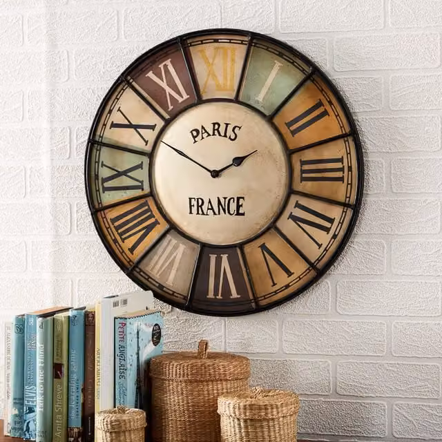 IH Design Industrial Round Metal Analog Wall Clock in Multicolour and Brown