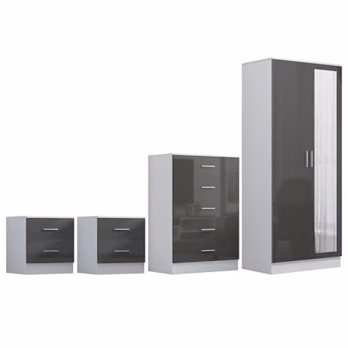 Reflect Modern Bedroom Furniture Set in Grey Gloss and Matt White Finish including 2 Door Mirror Wardrobe, Tallboy Chest and 2 Bedside Tables – 2