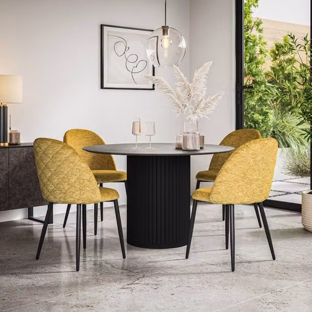 More4Homes Arlo Round Concrete Dining Table with Black Legs and 6 Raye Mustard Velvet Dining Chairs Set, W: 120 cm, H: 75 cm – 1