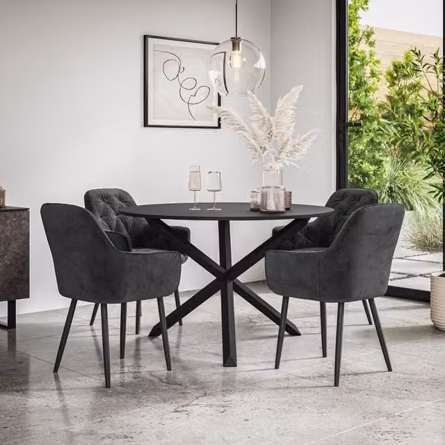 More4Homes Malvern Round Dining Table and Anika Velvet Dining Chair Set, Black Table Top with Solid Oak Black Legs and 4 Chairs