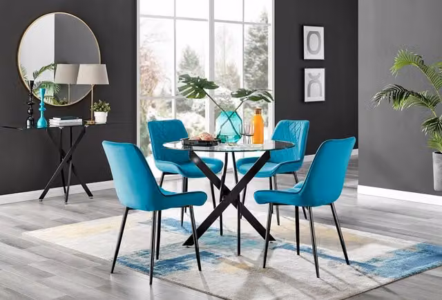 FurnitureboxUK Novara Round Glass Dining Table and 4 Pesaro Blue Soft Velvet Chairs with Black Legs – 1