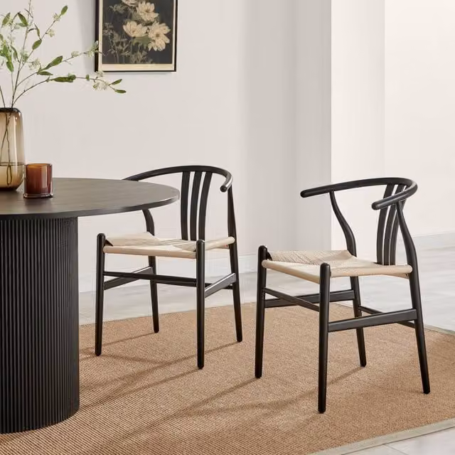 FurnitureboxUK Set of 2 Caia Black Wood and Paper Rope Wishbone Dining Chairs – 1
