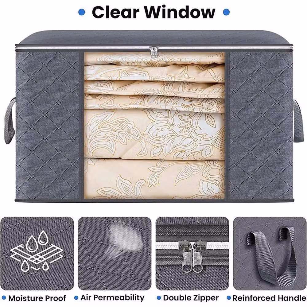 FLAVORA 6 Pack 90L Zipped Fabric Storage Bags for Clothes in Grey – 4