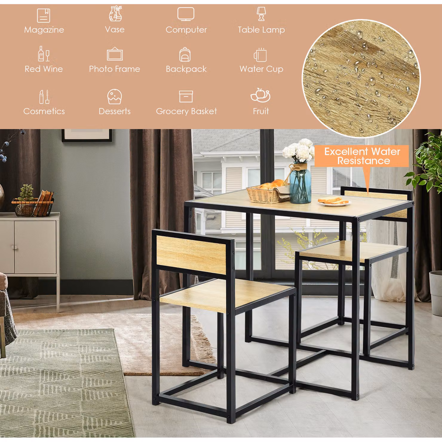 COSTWAY 3 Piece Industrial Dining Set with Square Table and Chairs in Beige, Brown and Black – 2