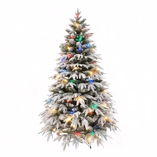 SHATCHI Lapland Fir Pre-Lit Artificial Christmas Tree with 320 Multicolour LED Lights, Snow Flocked Green PE/PVC Tips and Metal Stand, H: 210 cm, W: 130 cm – 1