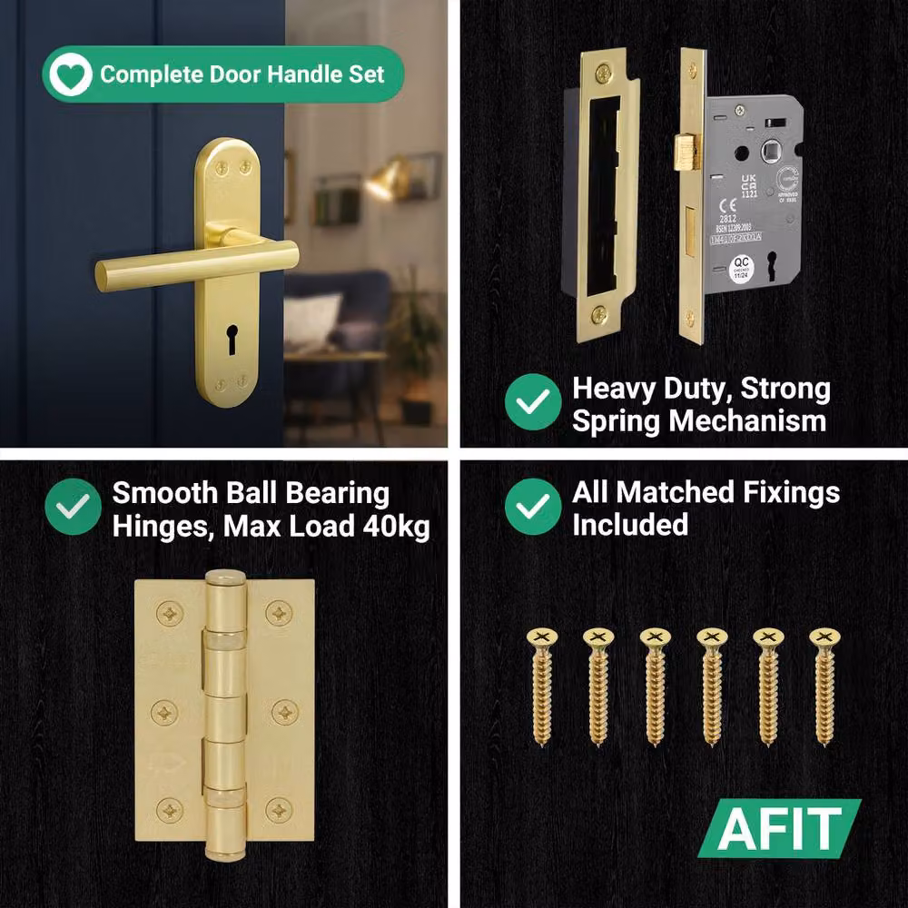 AFIT T-Bar Handle Set with Lock Backplate and 64mm Hinges in Satin Brass Gold, 150 x 150 mm – 2