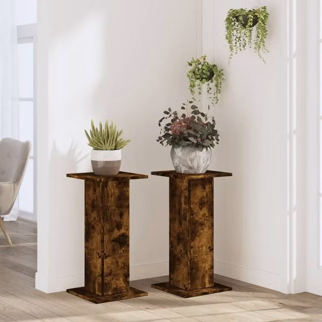 Berkfield Home Set of 2 Smoked Oak Plant Stands in Brown, W/D/H: 30 x 30 x 60 cm – 1