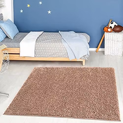 THE RUGS Beige Plain Shaggy Soft High Pile Square Rug, W/D: 120 x 120 cm – 1