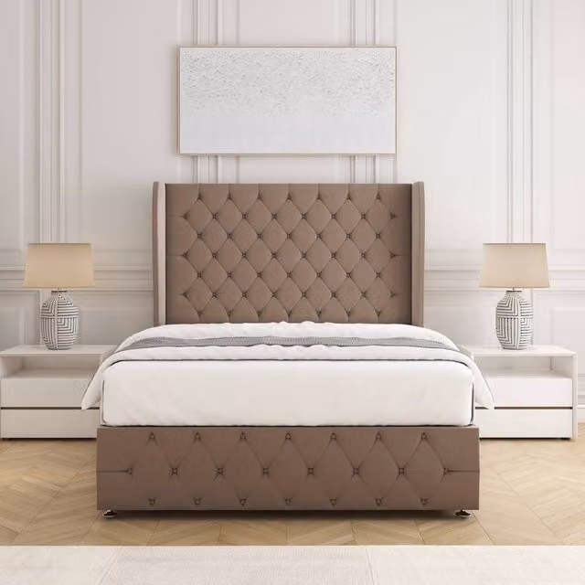 BSSPOKE Faye Plush Velvet Divan Bed Set with 54 inch Headboard and Mattress in Taupe, Double Size, W/D/H: 140 x 200 cm