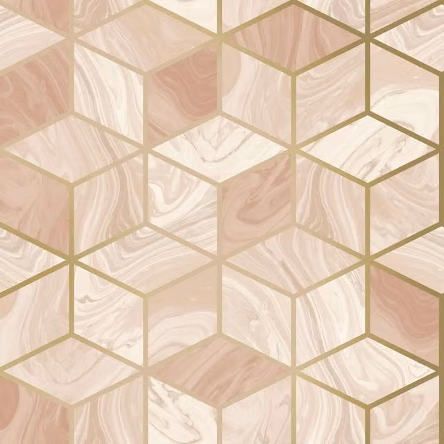 Rasch Marble Cube Diamond Geometric Hexagon Abstract Wallpaper in Silver, Pink and Grey