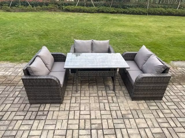 Fimous Wicker PE Rattan Outdoor Garden Furniture Set with Rectangular Dining Table, Dark Grey Mixed