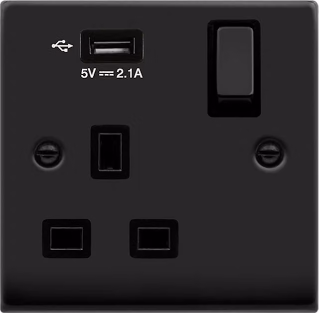 SE HOME Black 1 Gang 13A DP Ingot 1 USB Switched Flush Socket Plate