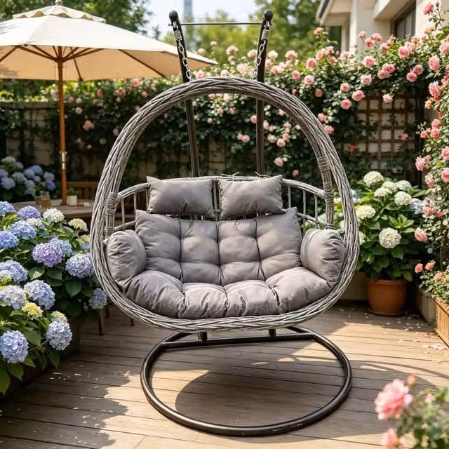 Fimous Rattan 2 Person Hanging Egg Chair with Weatherproof Cushions and Adjustable Headrest in Grey – 1