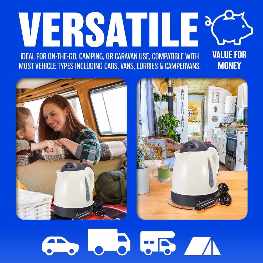 BARGAINS-GALORE 12v Electric Travel Car Kettle in White and Multicolour with Auto Shut-off and Foldable Design – 4