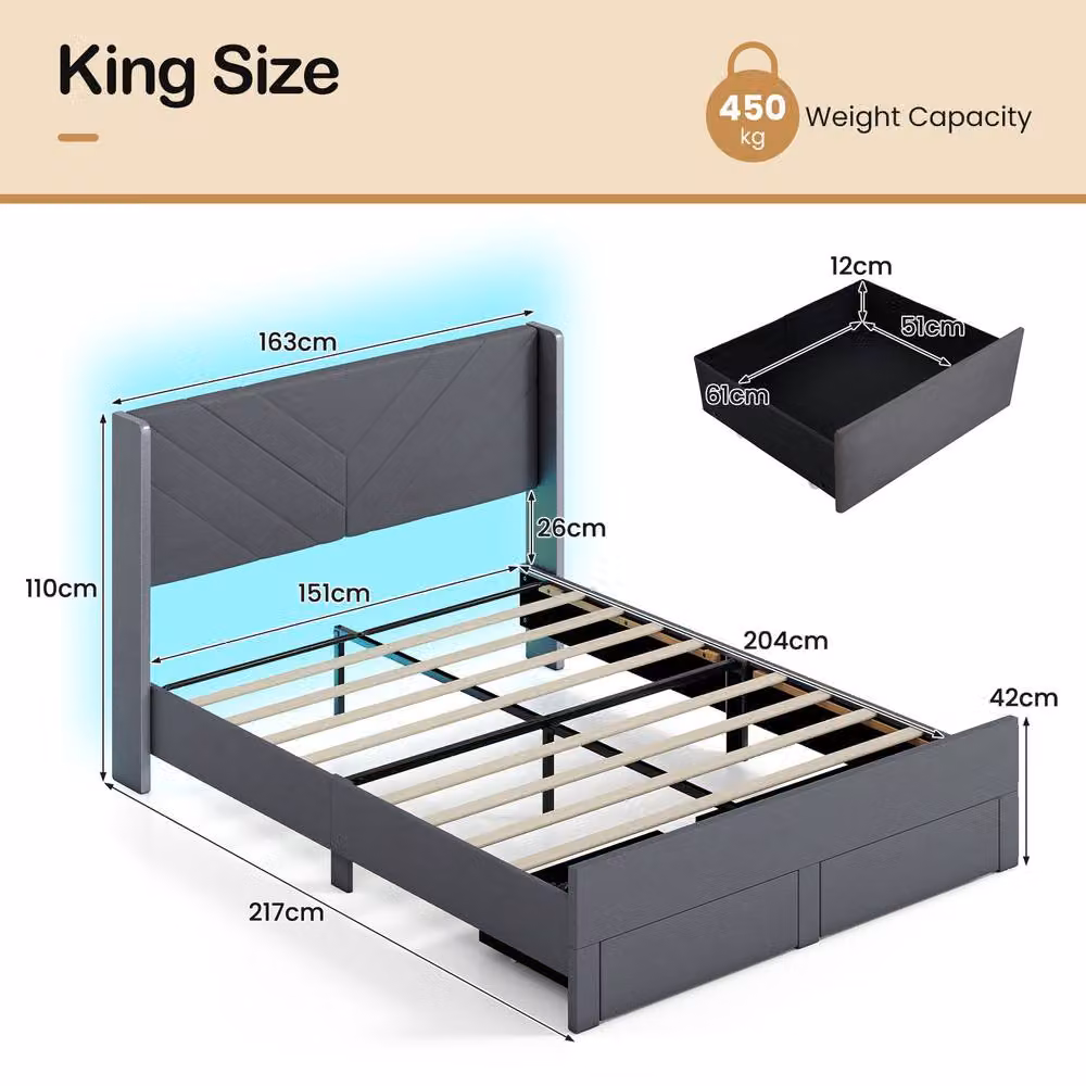 Costway King Size Upholstered Platform Bed Frame with LED Under-Bed Lighting and Drawers, Grey Velvet, 180 x 200 cm – 2