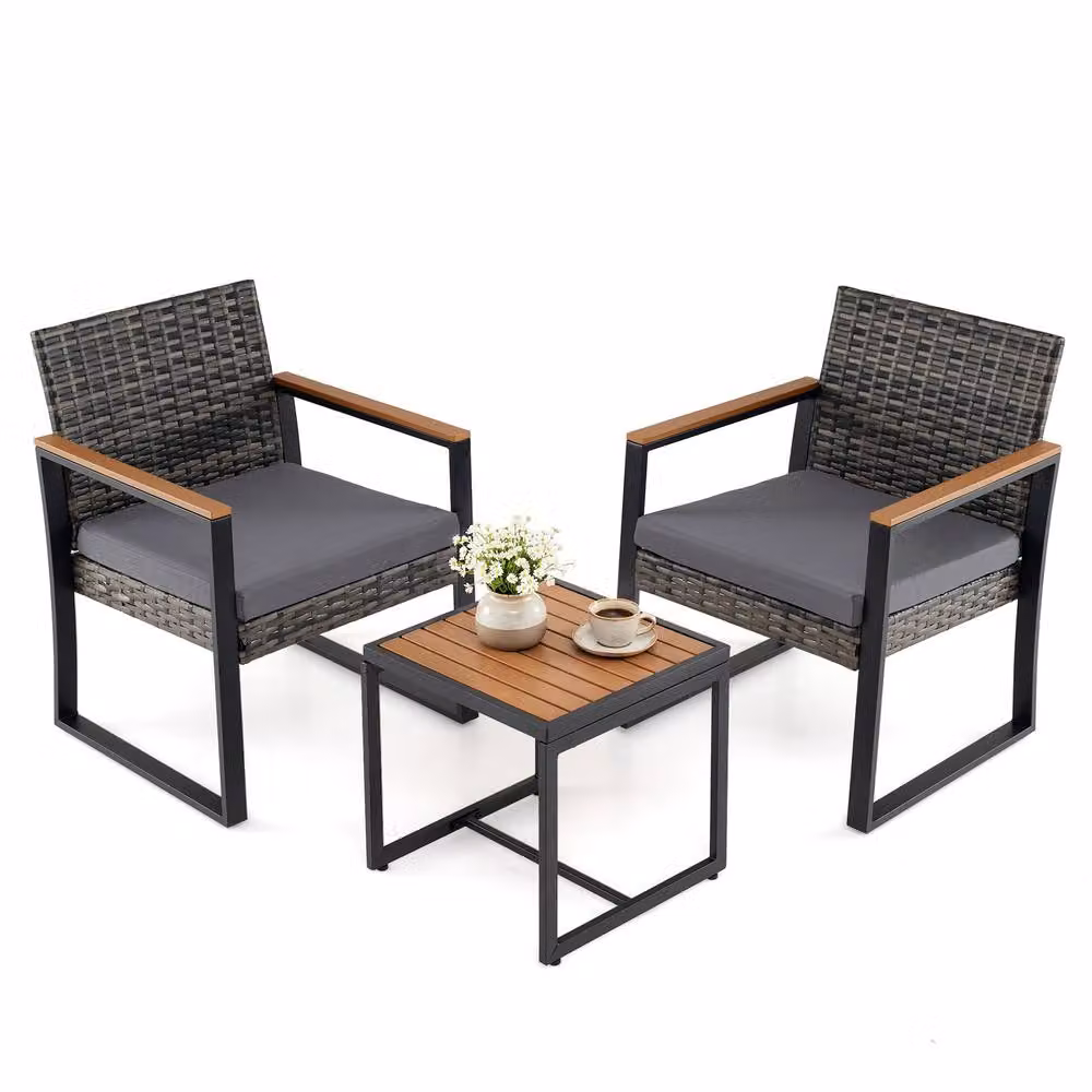 Costway 3-Piece Grey PE Wicker Patio Conversation Set with Cushions and Side Table – 3