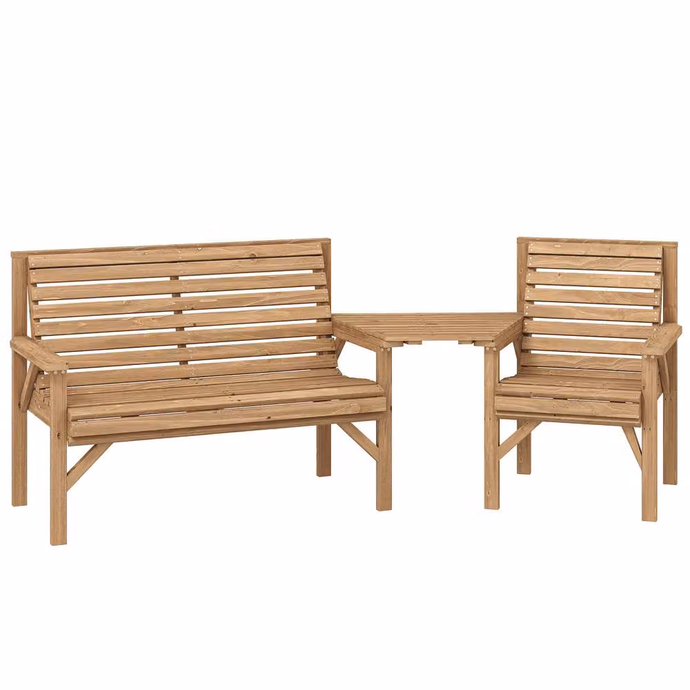 OUTSUNNY Rustic Treated Hardwood Garden Furniture Set with Detachable Table and Parasol Hole in Brown and Beige – 2